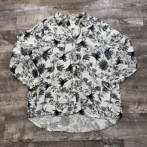 Joie 100% Linen Jungle Print Black/Ivory Button Down Roll Tab Shirt Womens Sz XL